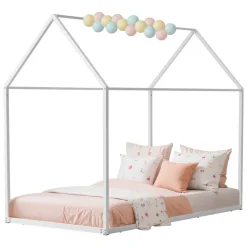 VEVOR Twin Size House Bed Frame, Metal Kids Floor Bed Frame with Roof, Heavy Duty Steel Slats Support, House Shape Bedframe for Girls and Boys, No Box Spring Needed, Easy Assembly, White
