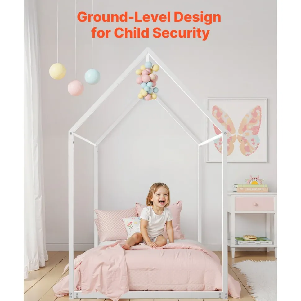 VEVOR Twin Size House Bed Frame, Metal Kids Floor Bed Frame with Roof, Heavy Duty Steel Slats Support, House Shape Bedframe for Girls and Boys, No Box Spring Needed, Easy Assembly, White