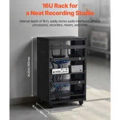 VEVOR 16U AV Rack, 200 lbs Max Capacity, Home Recording Studio Rack with Lockable Caster Wheels, Open Frame Server Cabinet, Special Vent Design, for 19-Inch Audio Video Musical & IT Equipment Mounting