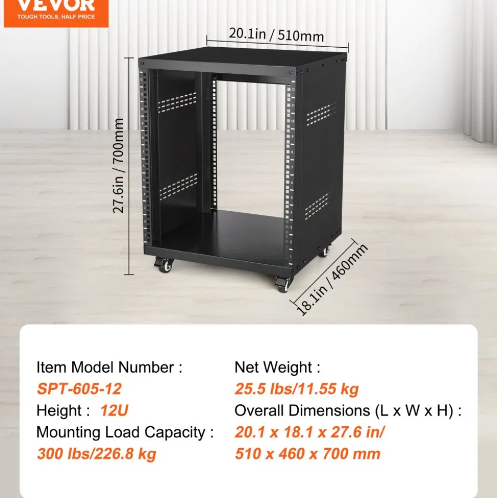 VEVOR 12U AV Rack Stand, 300 lbs Capacity, Network Stereo Recording Studio Rack with Lockable Caster Wheels Round & Square Holes, Special Vents for 19" Audio Video Musical & IT Equipment Mounting