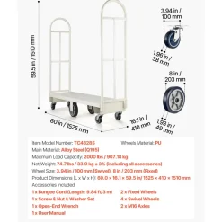 VEVOR U-Boat Platform Truck Dolly, 2000 lbs Load Capacity, Heavy Duty Steel Utility Cart, Industrial Hand Push Truck with Six Wheels and Dual Detachable Handles, for Warehouse, 60 x 16.1 x 59.5 in