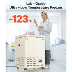 VEVOR Ultra Low Temperature Freezer, 58 L, −40℉ to −123℉ Adjustable Temp Range, with Rollers and Digital Display, 304 Stainless Steel Liner, Low Temperature Lab Freezer for Laboratory Samples Storage