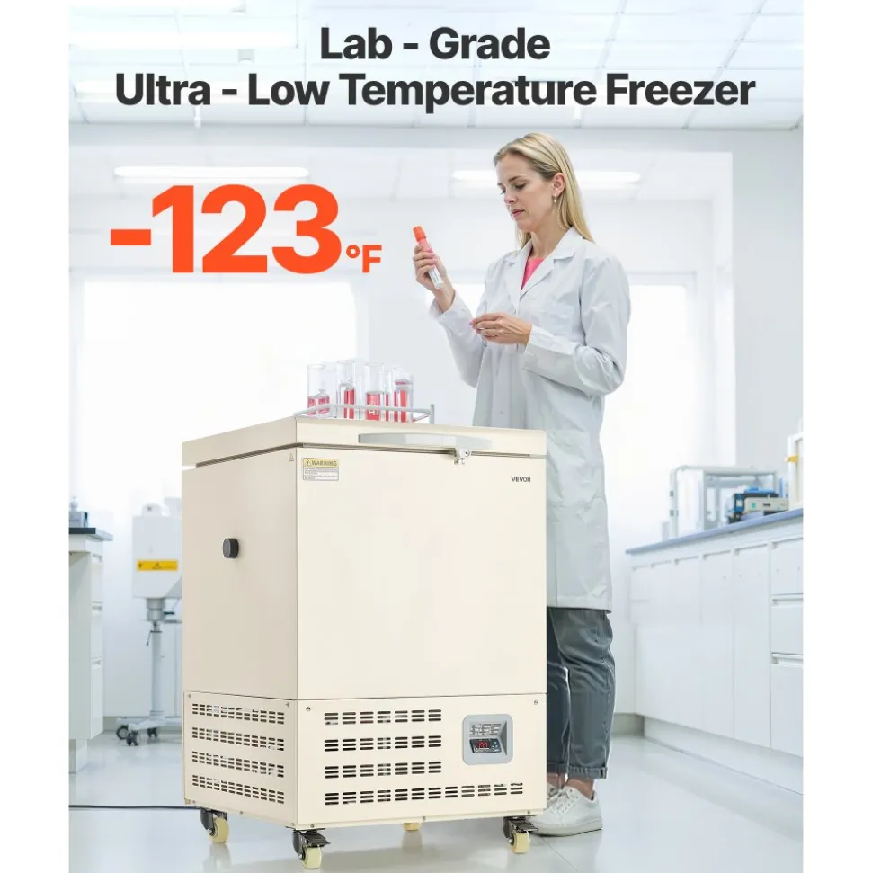 VEVOR Ultra Low Temperature Freezer, 58 L, −40℉ to −123℉ Adjustable Temp Range, with Rollers and Digital Display, 304 Stainless Steel Liner, Low Temperature Lab Freezer for Laboratory Samples Storage