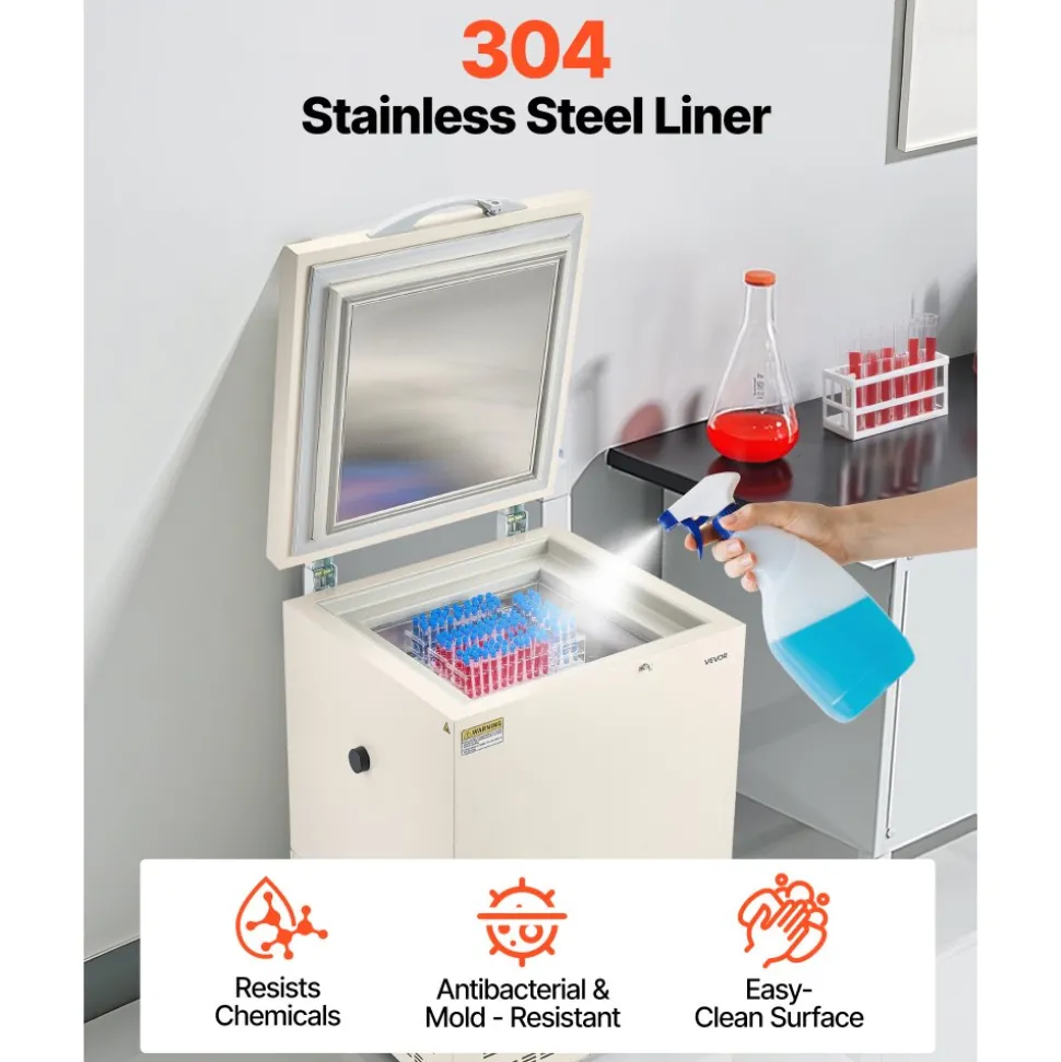 VEVOR Ultra Low Temperature Freezer, 58 L, −40℉ to −123℉ Adjustable Temp Range, with Rollers and Digital Display, 304 Stainless Steel Liner, Low Temperature Lab Freezer for Laboratory Samples Storage
