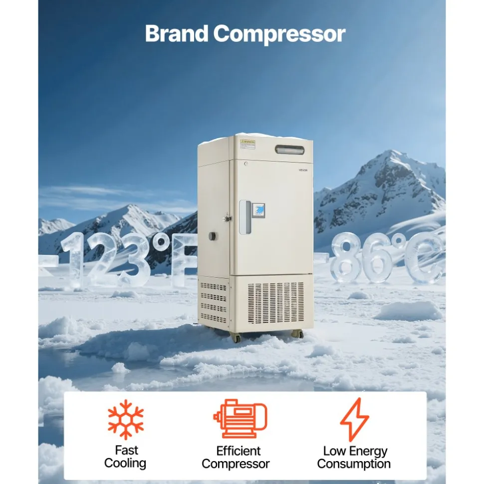VEVOR Ultra Low Temperature Freezer, 28 L, −40℉ to −123℉ Adjustable Temp Range, with Rollers and Digital Display, 304 Stainless Steel Liner, Low Temperature Lab Freezer for Laboratory Samples Storage