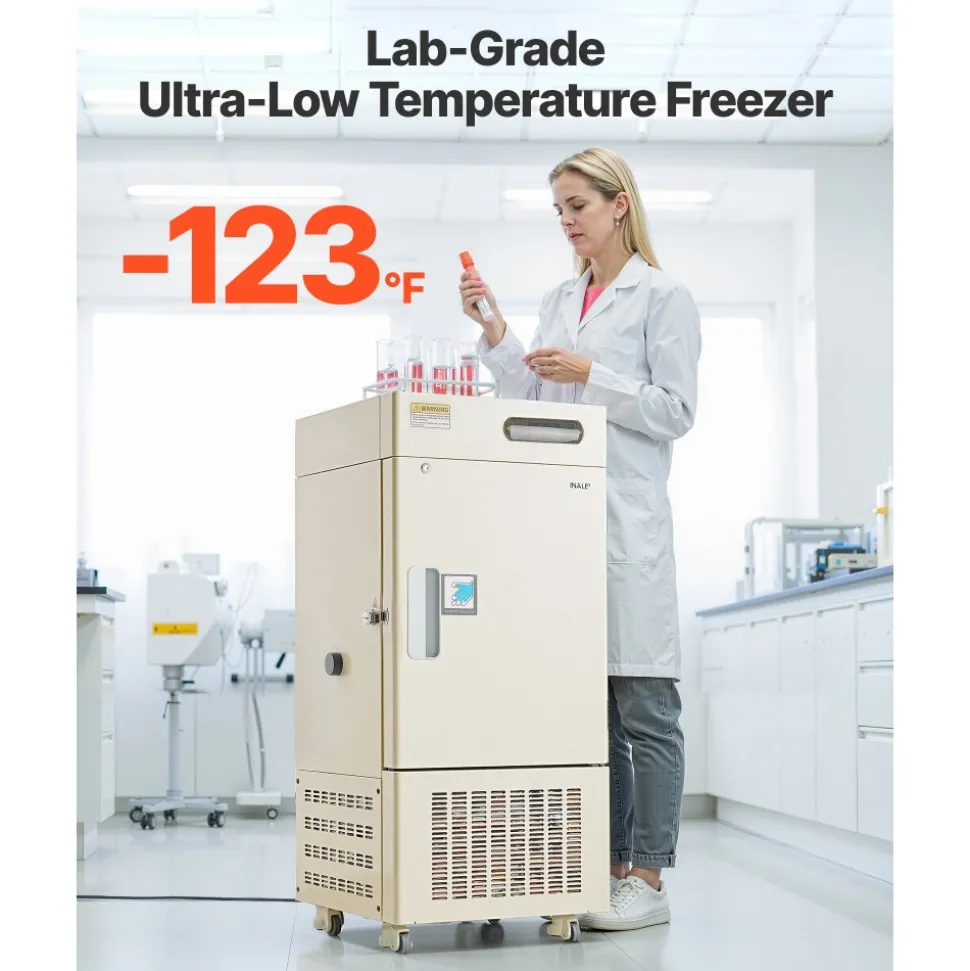 VEVOR Ultra Low Temperature Freezer, 28 L, −40℉ to −123℉ Adjustable Temp Range, with Rollers and Digital Display, 304 Stainless Steel Liner, Low Temperature Lab Freezer for Laboratory Samples Storage