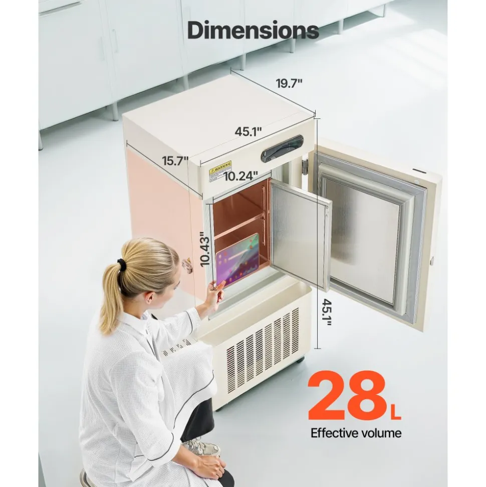 VEVOR Ultra Low Temperature Freezer, 28 L, −40℉ to −123℉ Adjustable Temp Range, with Rollers and Digital Display, 304 Stainless Steel Liner, Low Temperature Lab Freezer for Laboratory Samples Storage
