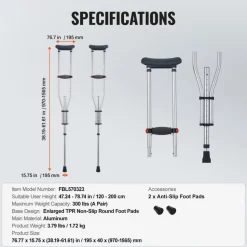 VEVOR Underarm Crutches, 13-Level Height Adjustable Underarm Walking Crutches, Lightweight Aluminum Crutches for Adults Teenager - with Soft Underarm Pad for Leg Injury Surgery Disabled, 1 Pair 300LBS