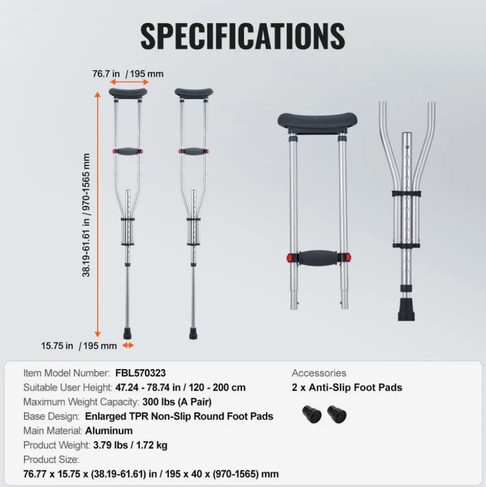 VEVOR Underarm Crutches, 13-Level Height Adjustable Underarm Walking Crutches, Lightweight Aluminum Crutches for Adults Teenager - with Soft Underarm Pad for Leg Injury Surgery Disabled, 1 Pair 300LBS