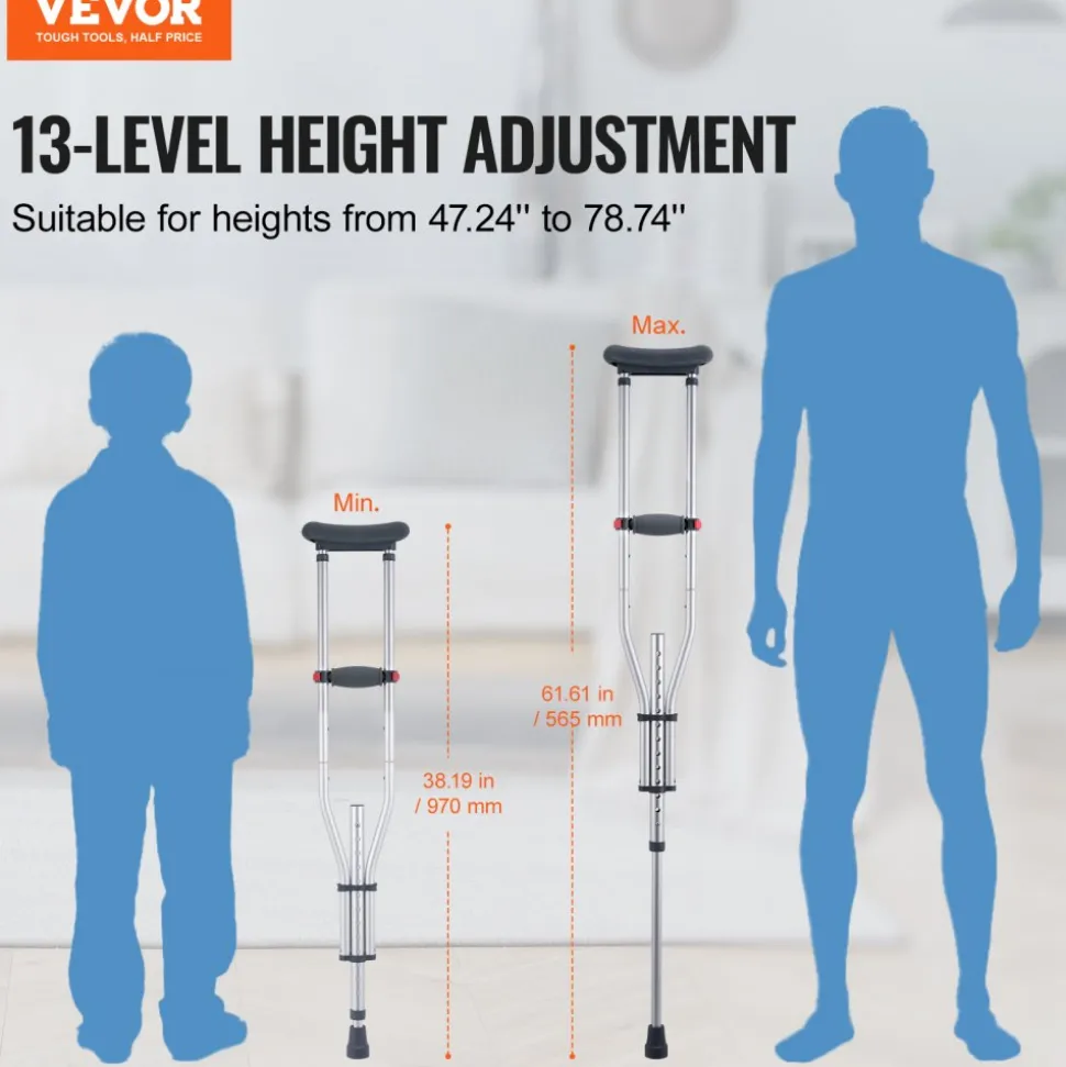 VEVOR Underarm Crutches, 13-Level Height Adjustable Underarm Walking Crutches, Lightweight Aluminum Crutches for Adults Teenager - with Soft Underarm Pad for Leg Injury Surgery Disabled, 1 Pair 300LBS