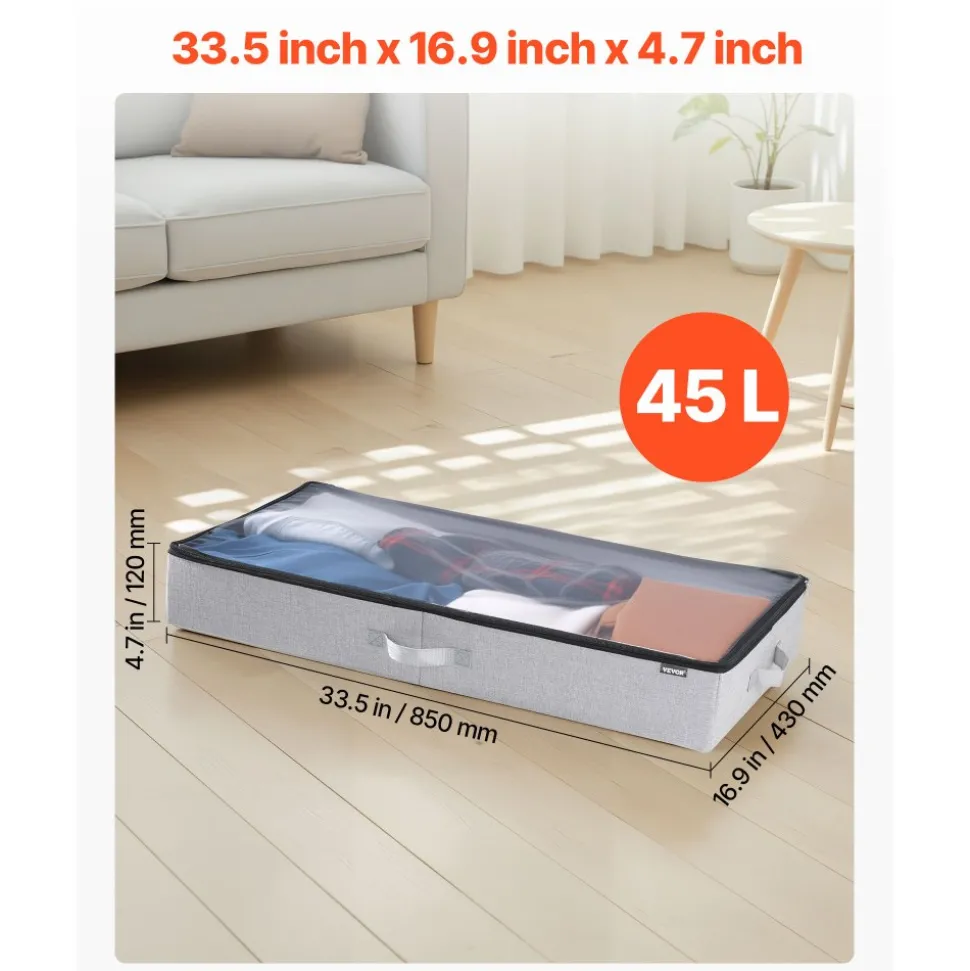 VEVOR Under Bed Storage with Clear Lids, 33.5 x 16.9 x 4.7 Inch, 45L Large Underbed Clothes Storage Containers, Low Profile Under Bed Drawer Shoe Organizer Bins Box for Blanket Shoe Bedroom, 2 Pack