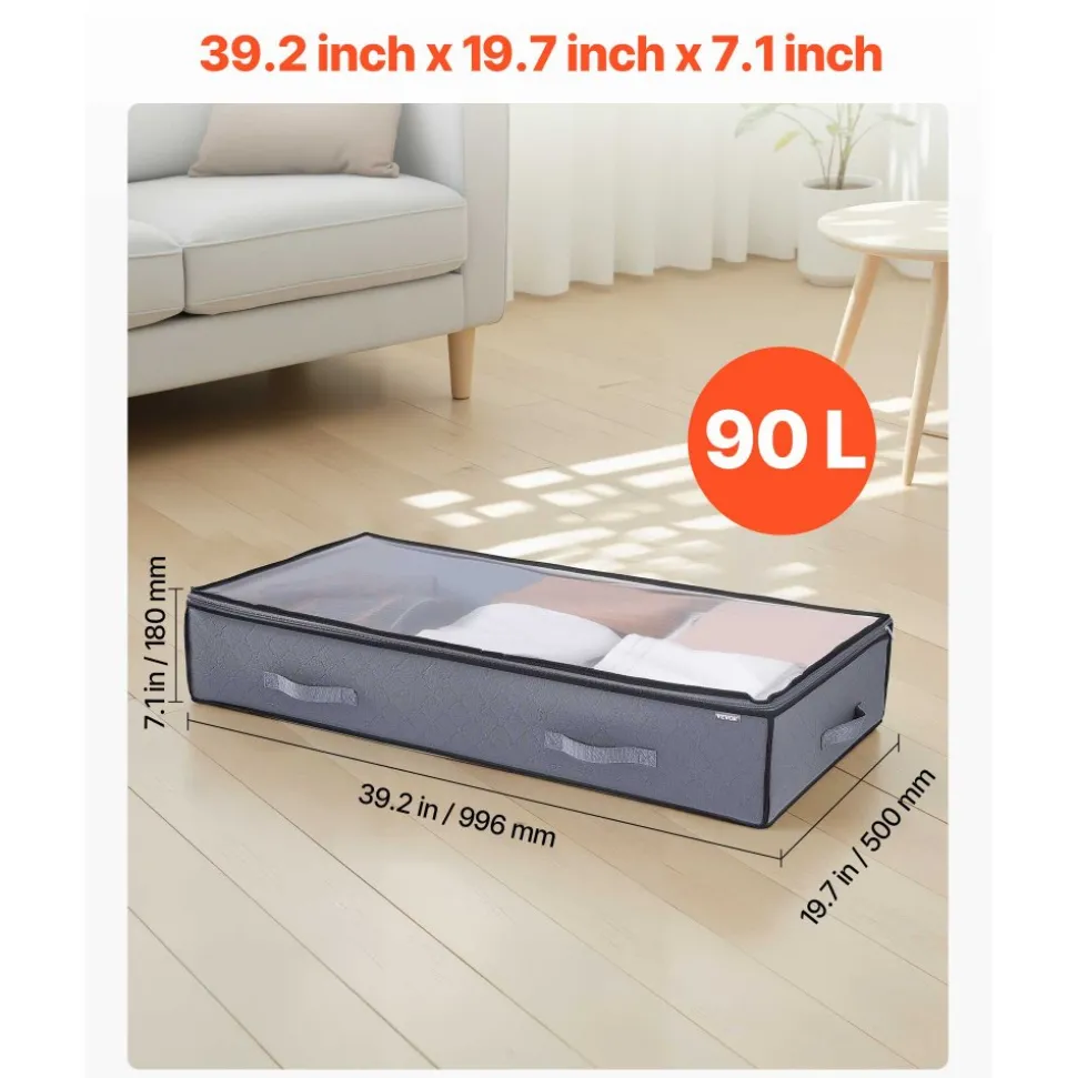 VEVOR Under Bed Storage with Clear Lids, 39.2 x 19.7 x 7.1 Inch, 90L Large Underbed Clothes Storage Containers, Low Profile Under Bed Drawer Shoe Organizer Bins Box for Blanket Shoe Bedroom, 4 Pack