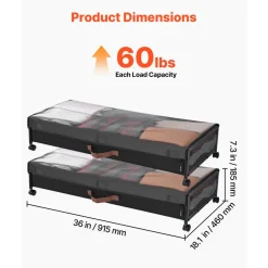 VEVOR Under Bed Storage with Wheels, 36.0 x 18.1 x 7.3 inch, Underbed Containers with Clear Lid, Underbed Shoe Organizer, Rolling Under the Bed Storage Bins for Clothes Shoes Blankets Bedroom, 2 Pack