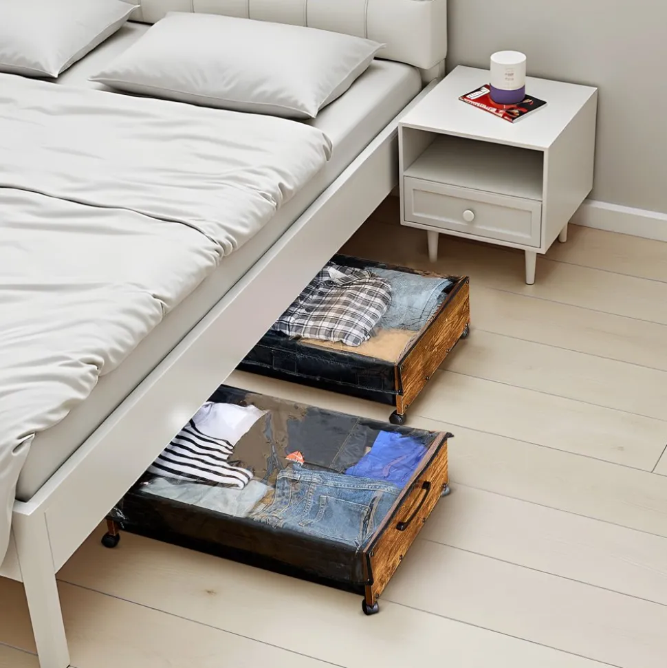 VEVOR Under Bed Storage with Wheels, 39.8 x 20.1 x 5.9 inch Underbed Containers, Underbed Shoes Organizer with Lid & Gray Latch, Rolling Under the Bed Storage Bins for Clothes Shoes Blankets, 2 Pack