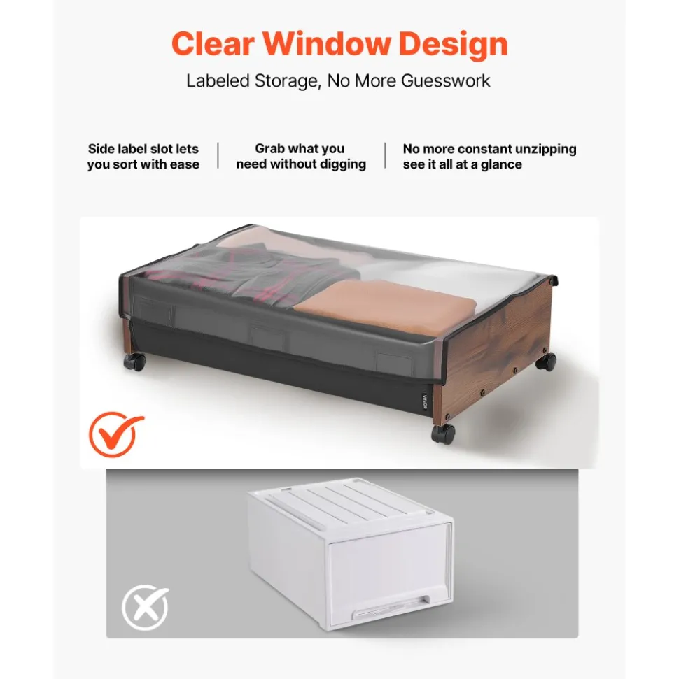 VEVOR Under Bed Storage with Wheels, 39.8 x 20.1 x 5.9 inch Underbed Containers, Underbed Shoes Organizer with Lid & Gray Latch, Rolling Under the Bed Storage Bins for Clothes Shoes Blankets, 2 Pack