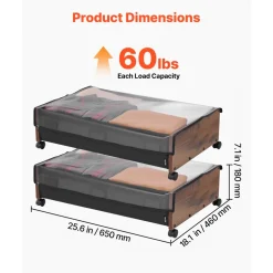 VEVOR Under Bed Storage with Wheels, 39.8 x 20.1 x 5.9 inch Underbed Containers, Underbed Shoes Organizer with Lid & Gray Latch, Rolling Under the Bed Storage Bins for Clothes Shoes Blankets, 2 Pack