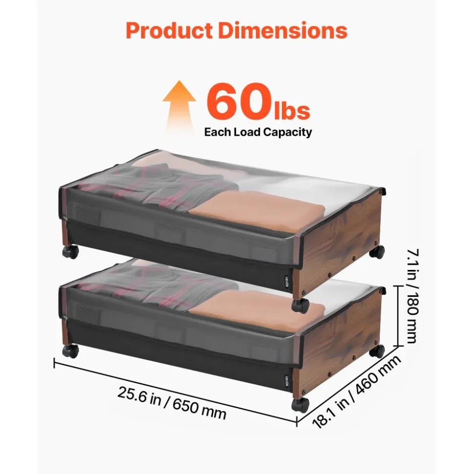 VEVOR Under Bed Storage with Wheels, 39.8 x 20.1 x 5.9 inch Underbed Containers, Underbed Shoes Organizer with Lid & Gray Latch, Rolling Under the Bed Storage Bins for Clothes Shoes Blankets, 2 Pack
