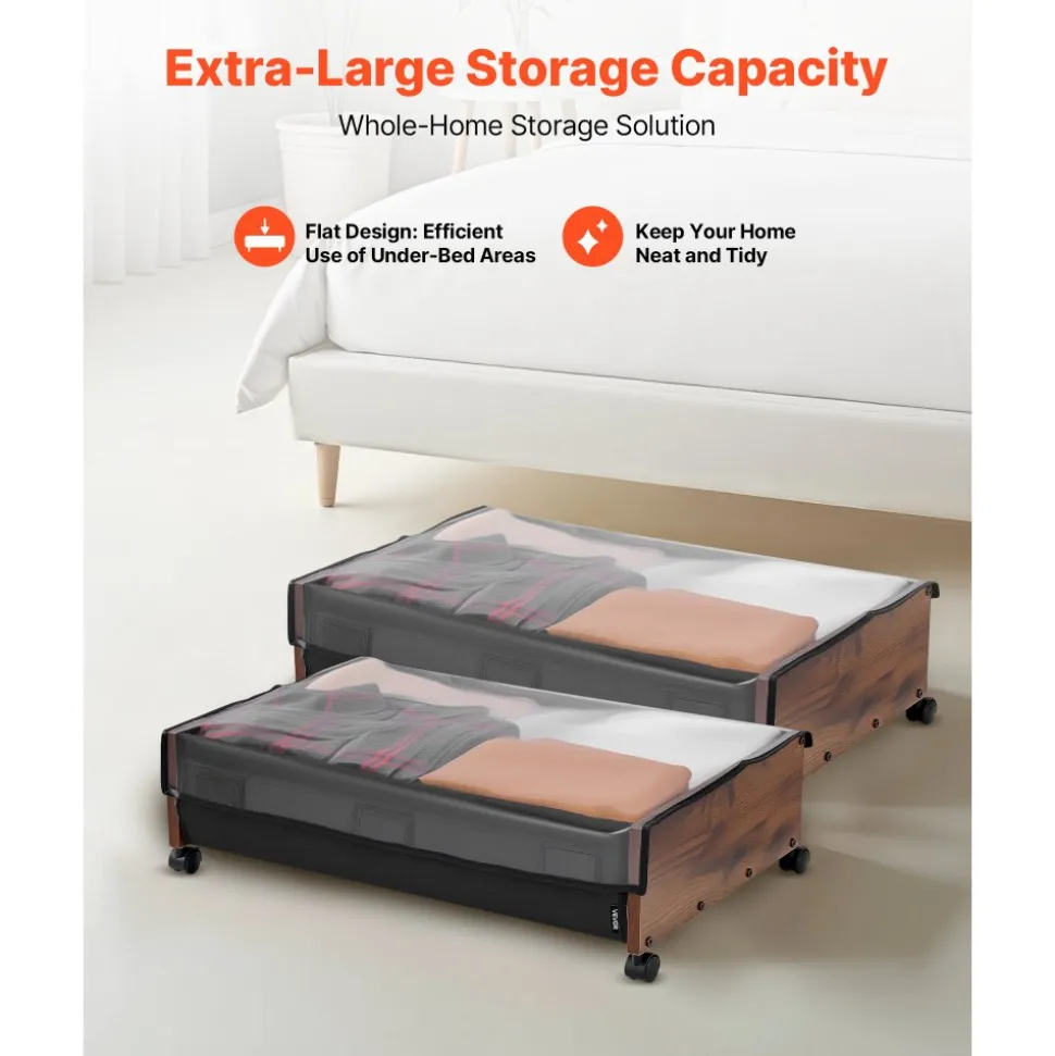 VEVOR Under Bed Storage with Wheels, 39.8 x 20.1 x 5.9 inch Underbed Containers, Underbed Shoes Organizer with Lid & Gray Latch, Rolling Under the Bed Storage Bins for Clothes Shoes Blankets, 2 Pack