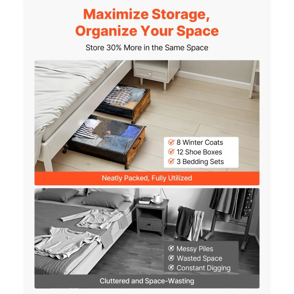VEVOR Under Bed Storage with Wheels, 39.8 x 20.1 x 5.9 inch Underbed Containers, Underbed Shoes Organizer with Lid & Gray Latch, Rolling Under the Bed Storage Bins for Clothes Shoes Blankets, 2 Pack