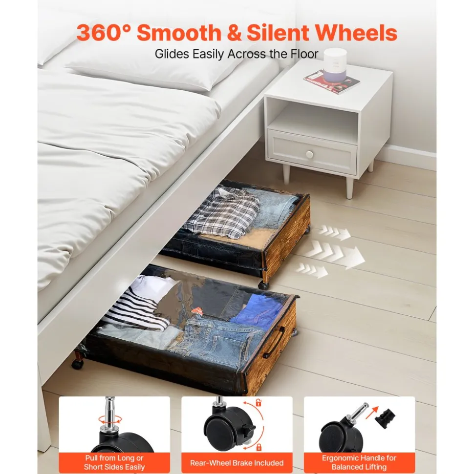 VEVOR Under Bed Storage with Wheels, 39.8 x 20.1 x 5.9 inch Underbed Containers, Underbed Shoes Organizer with Lid & Gray Latch, Rolling Under the Bed Storage Bins for Clothes Shoes Blankets, 2 Pack