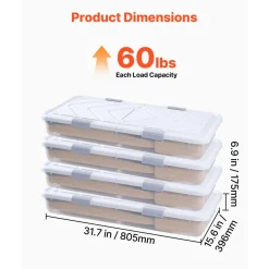VEVOR Under Bed Storage with Wheels, 30.3 x 18.5 x 6.8 inch, Underbed Containers with Clear Lid, Underbed Shoe Organizer, Rolling Under the Bed Storage Bins for Clothes Shoes Blankets Bedroom, 2 Pack