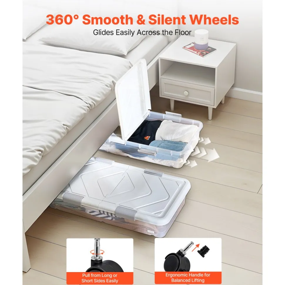 VEVOR Under Bed Storage with Wheels, 30.3 x 18.5 x 6.8 inch, Underbed Containers with Clear Lid, Underbed Shoe Organizer, Rolling Under the Bed Storage Bins for Clothes Shoes Blankets Bedroom, 2 Pack