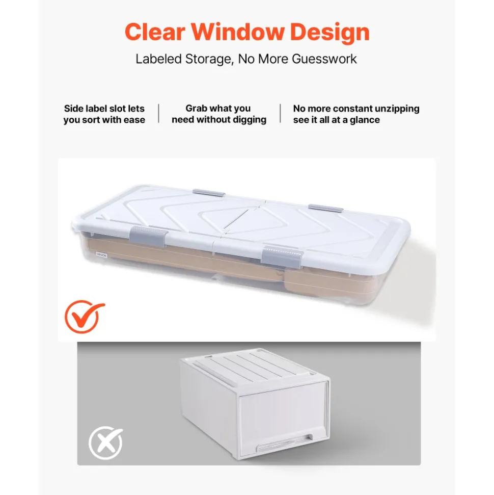 VEVOR Under Bed Storage with Wheels, 30.3 x 18.5 x 6.8 inch, Underbed Containers with Clear Lid, Underbed Shoe Organizer, Rolling Under the Bed Storage Bins for Clothes Shoes Blankets Bedroom, 2 Pack