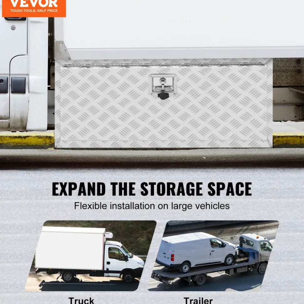 VEVOR Underbody Truck Box, 36"×14"×16" Pickup Storage Box, Heavy Duty Aluminum Diamond Plate Tool Box with Lock and Keys, Waterproof Trailer Storage Box with T-Handle Latch for Truck, Van, Trailer