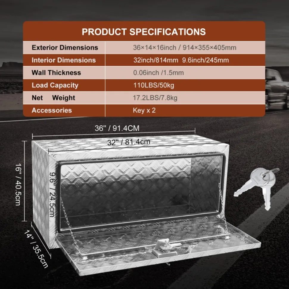 VEVOR Underbody Truck Box, 36"×14"×16" Pickup Storage Box, Heavy Duty Aluminum Diamond Plate Tool Box with Lock and Keys, Waterproof Trailer Storage Box with T-Handle Latch for Truck, Van, Trailer