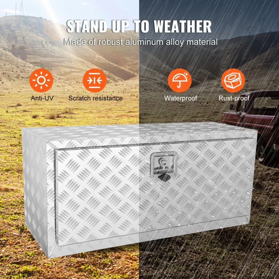 VEVOR Underbody Truck Box, 36"×14"×16" Pickup Storage Box, Heavy Duty Aluminum Diamond Plate Tool Box with Lock and Keys, Waterproof Trailer Storage Box with T-Handle Latch for Truck, Van, Trailer
