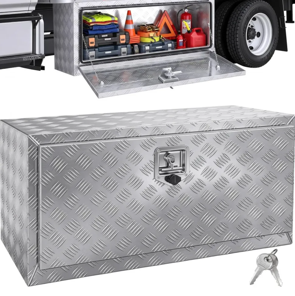 VEVOR Underbody Truck Box, 36"×14"×16" Pickup Storage Box, Heavy Duty Aluminum Diamond Plate Tool Box with Lock and Keys, Waterproof Trailer Storage Box with T-Handle Latch for Truck, Van, Trailer
