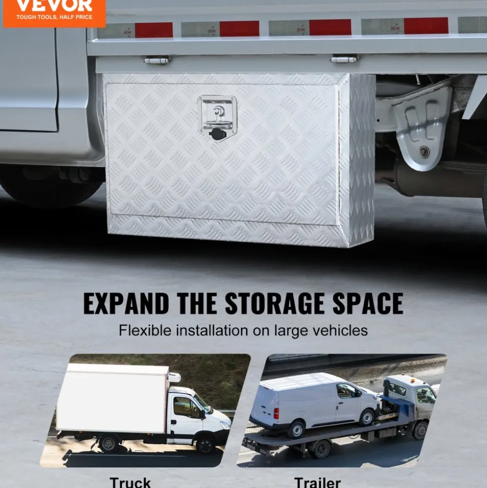 VEVOR Underbody Truck Box, 30"×17"×18" Pickup Storage Box, Heavy Duty Aluminum Diamond Plate Tool Box with Lock and Keys, Waterproof Trailer Storage Box with T-Handle Latch for Truck, Van, Trailer
