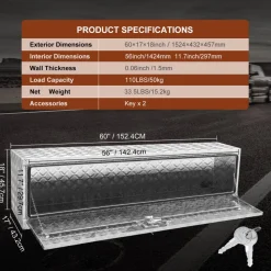 VEVOR Underbody Truck Box, 60"×17"×18" Pickup Storage Box, Heavy Duty Aluminum Diamond Plate Tool Box with Lock and Keys, Waterproof Trailer Storage Box with T-Handle Latch for Truck, Van, Trailer