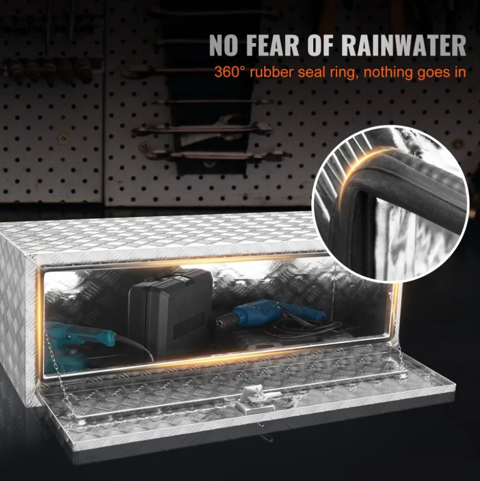VEVOR Underbody Truck Box, 48"×24"×24" Pickup Storage Box, Heavy Duty Aluminum Diamond Plate Tool Box with Lock and Keys, Waterproof Trailer Storage Box with T-Handle Latch for Truck, Van, Trailer