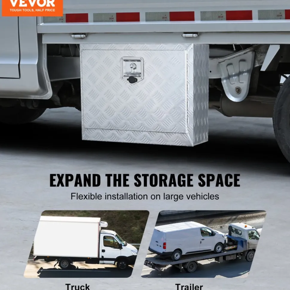 VEVOR Underbody Truck Box, 24"×17"×18" Pickup Storage Box, Heavy Duty Aluminum Diamond Plate Tool Box with Lock and Keys, Waterproof Trailer Storage Box with T-Handle Latch for Truck, Van, Trailer