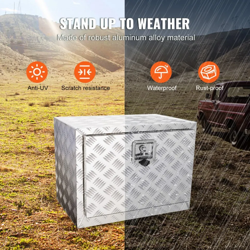 VEVOR Underbody Truck Box, 24"×17"×18" Pickup Storage Box, Heavy Duty Aluminum Diamond Plate Tool Box with Lock and Keys, Waterproof Trailer Storage Box with T-Handle Latch for Truck, Van, Trailer