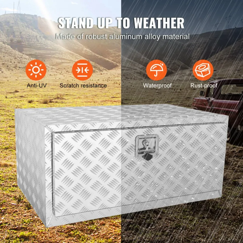 VEVOR Underbody Truck Box, 36"×24"×24" Pickup Storage Box, Heavy Duty Aluminum Diamond Plate Tool Box with Lock and Keys, Waterproof Trailer Storage Box with T-Handle Latch for Truck, Van, Trailer
