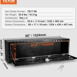 VEVOR Underbody Truck Box, 36" x 17" x 18" Pickup Storage Box, Heavy Duty Aluminum Diamond Plate Tool Box with Lock and Keys, Waterproof Trailer Storage Box with T-Handle Latch for Truck, Van, Trailer