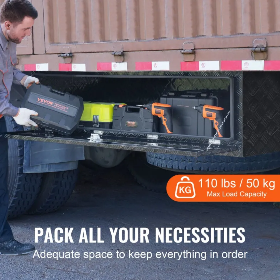 VEVOR Underbody Truck Box, 60" x 17" x 18" Pickup Storage Box, Heavy Duty Aluminum Diamond Plate Tool Box with Lock and Keys, Waterproof Trailer Storage Box with T-Handle Latch for Truck, Van, Trailer