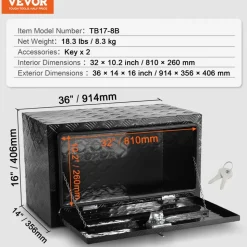 VEVOR Underbody Truck Box, 36" x 14" x 16" Pickup Storage Box, Heavy Duty Aluminum Diamond Plate Tool Box with Lock and Keys, Waterproof Trailer Storage Box with T-Handle Latch for Truck, Van, Trailer