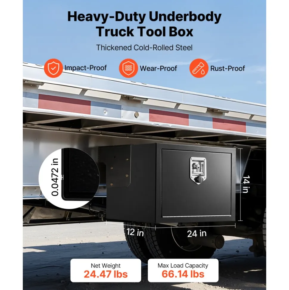 VEVOR Underbody Truck Tool Box, 24 x 12 x 14 Inch Heavy Duty Steel Trailer Storage Box with Lock & Keys, Waterproof Trailer Storage Organizer Under Body Chest with T-Handle for Truck, Van, SUV, Black