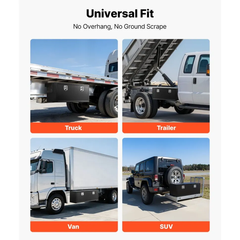 VEVOR Underbody Truck Tool Box, 48 x 18 x 18 Inch Heavy Duty Steel Trailer Storage Box with Lock & Keys, Waterproof Trailer Storage Organizer Under Body Chest with T-Handle for Truck, Van, SUV, Black