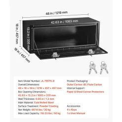 VEVOR Underbody Truck Tool Box, 48 x 18 x 18 Inch Heavy Duty Steel Trailer Storage Box with Lock & Keys, Waterproof Trailer Storage Organizer Under Body Chest with T-Handle for Truck, Van, SUV, Black