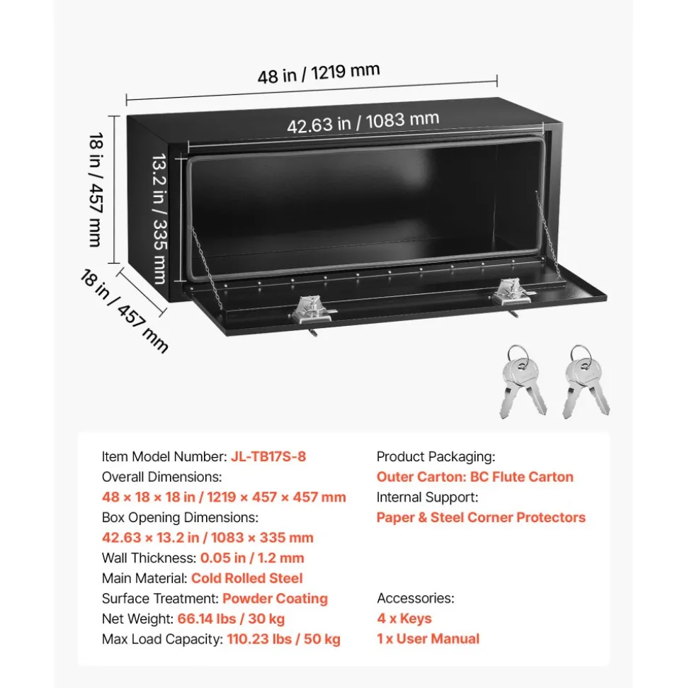 VEVOR Underbody Truck Tool Box, 48 x 18 x 18 Inch Heavy Duty Steel Trailer Storage Box with Lock & Keys, Waterproof Trailer Storage Organizer Under Body Chest with T-Handle for Truck, Van, SUV, Black