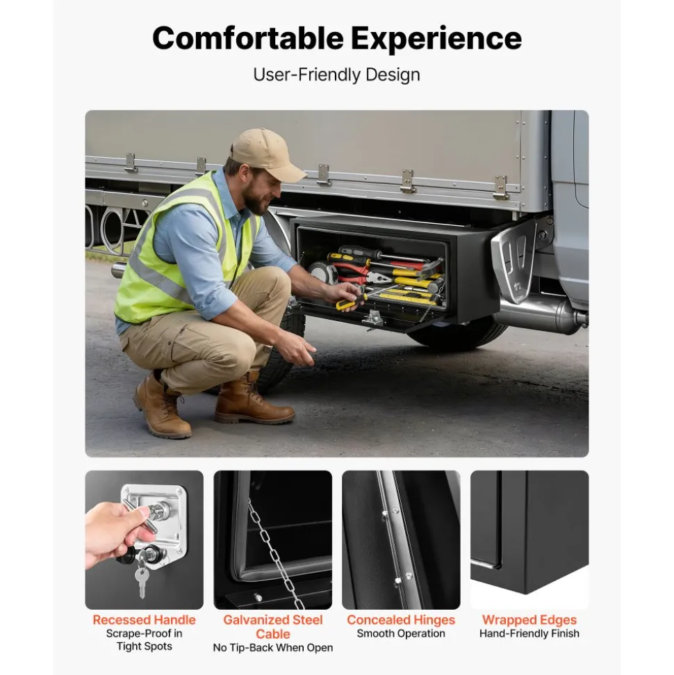 VEVOR Underbody Truck Tool Box, 48 x 18 x 18 Inch Heavy Duty Steel Trailer Storage Box with Lock & Keys, Waterproof Trailer Storage Organizer Under Body Chest with T-Handle for Truck, Van, SUV, Black