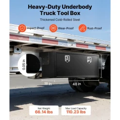 VEVOR Underbody Truck Tool Box, 48 x 18 x 18 Inch Heavy Duty Steel Trailer Storage Box with Lock & Keys, Waterproof Trailer Storage Organizer Under Body Chest with T-Handle for Truck, Van, SUV, Black