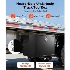 VEVOR Underbody Truck Tool Box, 36 x 24 x 24 Inch Heavy Duty Steel Trailer Storage Box with Lock & Keys, Waterproof Trailer Storage Organizer Under Body Chest with T-Handle for Truck, Van, SUV, Black