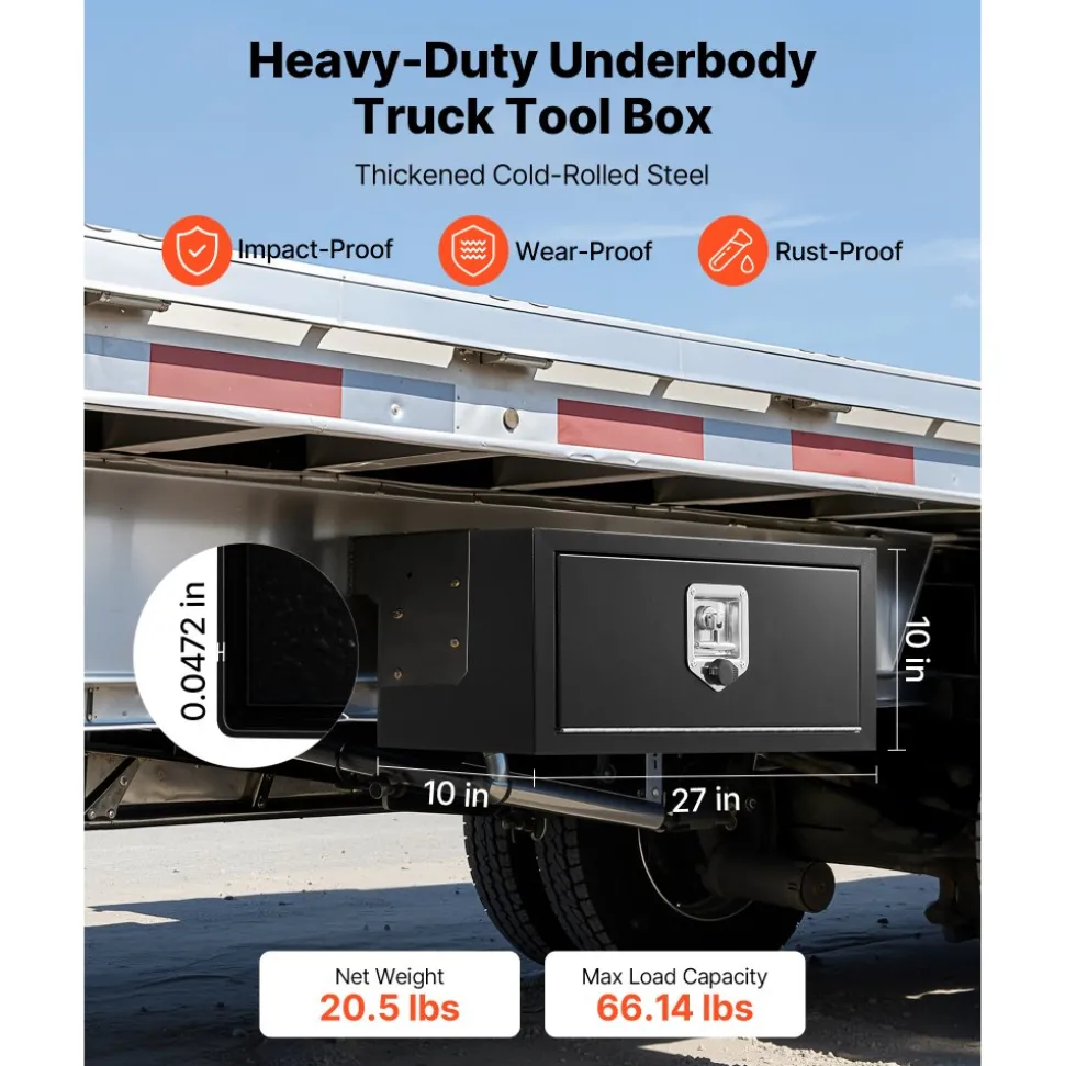 VEVOR Underbody Truck Tool Box, 27 x 10 x 10 Inch Heavy Duty Steel Trailer Storage Box with Lock & Keys, Waterproof Trailer Storage Organizer Under Body Chest with T-Handle for Truck, Van, SUV, Black