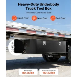 VEVOR Underbody Truck Tool Box, 60 x 18 x 18 Inch Heavy Duty Steel Trailer Storage Box with Lock & Keys, Waterproof Trailer Storage Organizer Under Body Chest with T-Handle for Truck, Van, SUV, Black
