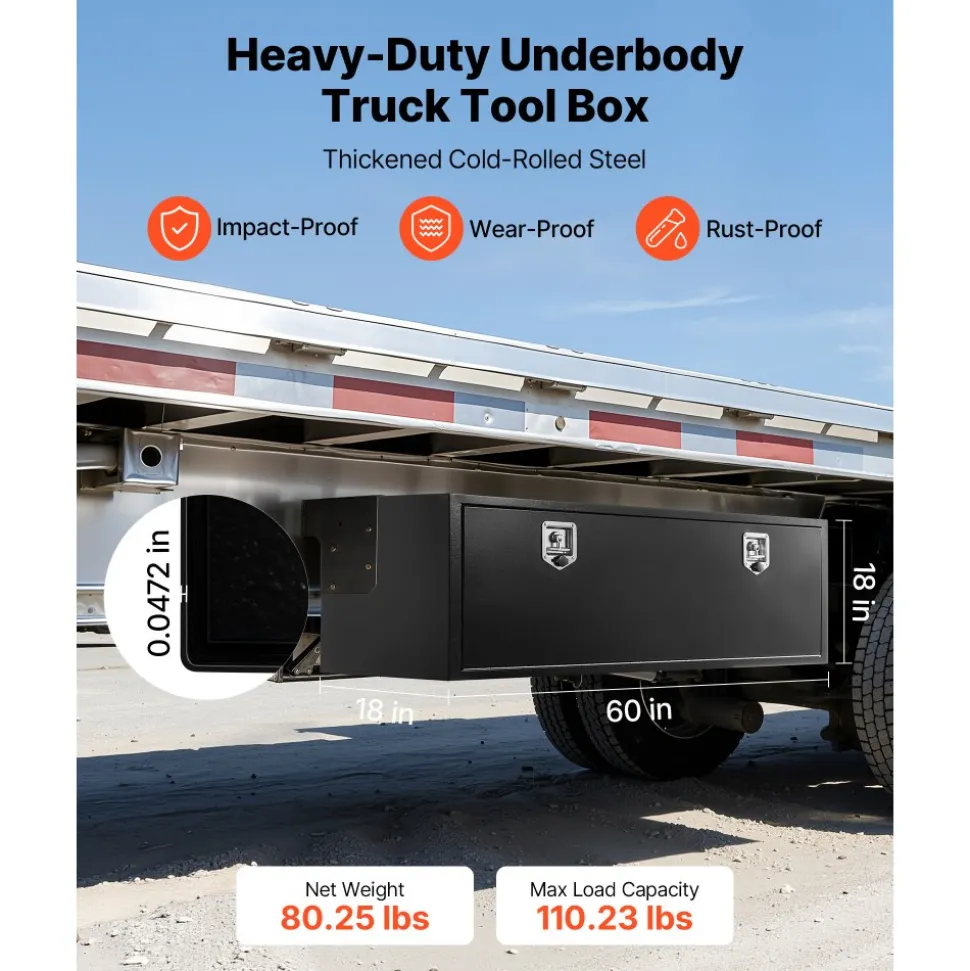 VEVOR Underbody Truck Tool Box, 60 x 18 x 18 Inch Heavy Duty Steel Trailer Storage Box with Lock & Keys, Waterproof Trailer Storage Organizer Under Body Chest with T-Handle for Truck, Van, SUV, Black